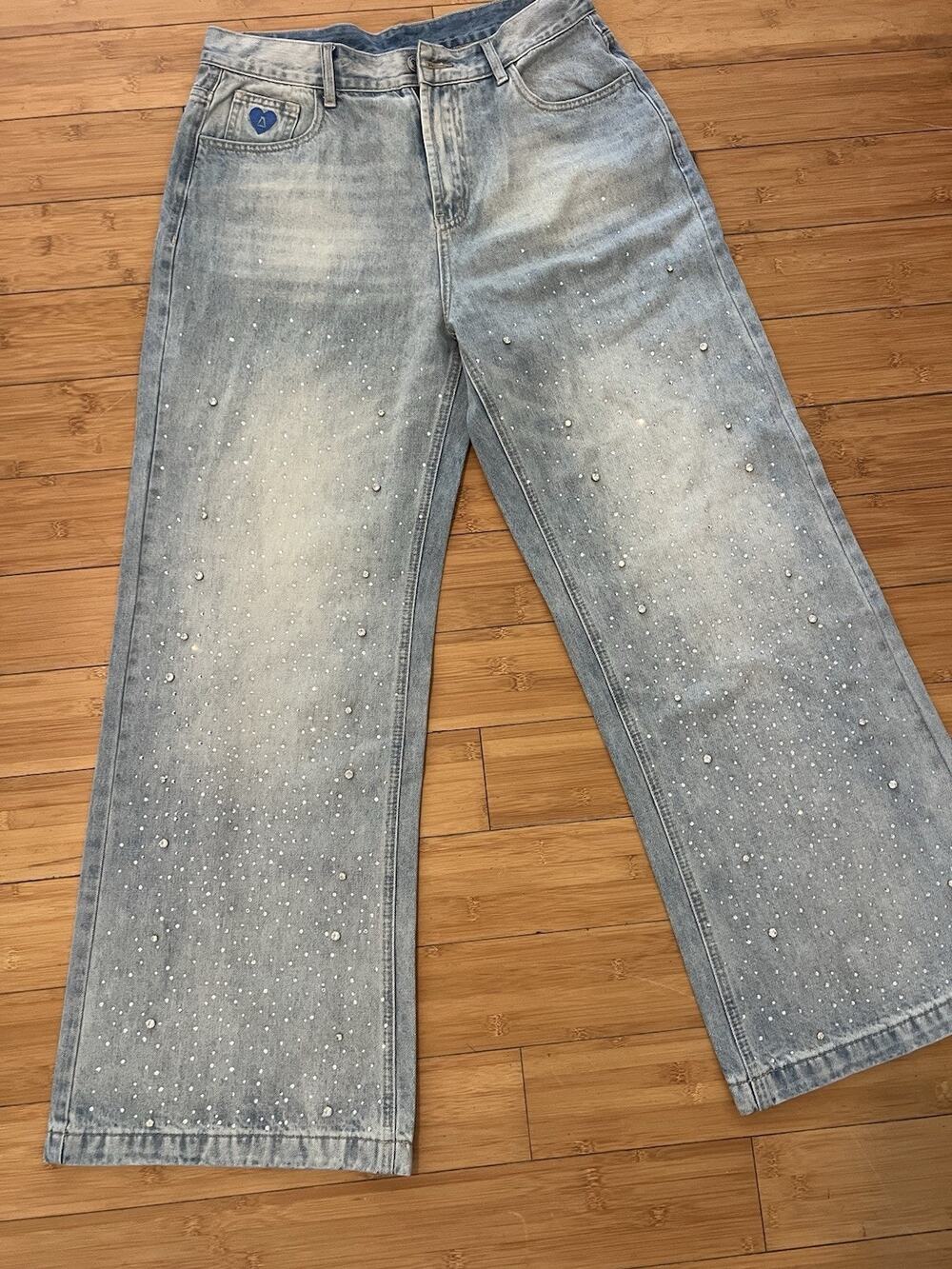 Aelfric Eden Rhinestone Application Loose Jeans Size32 Wide Leg Baggy Light Blue